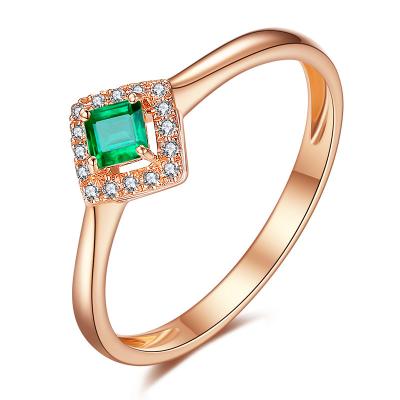 China Rose Gold Emerald Stone Engagement Ring With Square Gems / Pave Diamond for sale