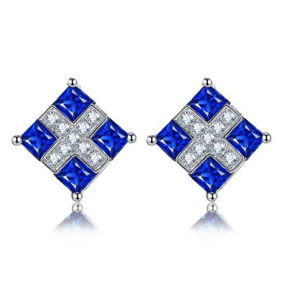 China Square Sapphire Stud Earrings 18k Gold Gemstone Earrings Diamond Accents for sale