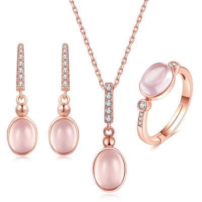 China CZ Natural Rose Quartz Pendant Necklace Ring Earrings Women's Jewelry Sets for sale