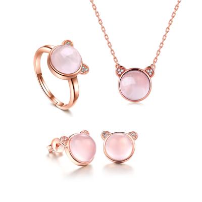 China 925 Silver Natural Rose Quartz Jewelry Chain Necklace Ring Earrings For Lady for sale