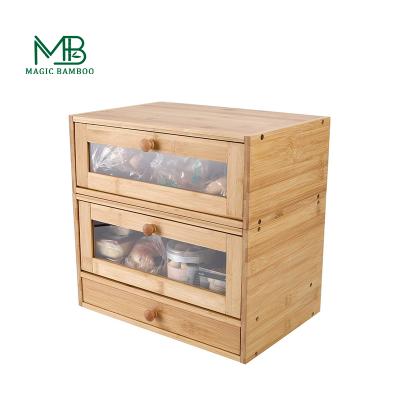 China Sustainable 2 Layer Large Capacity Removable Natural Bamboo Bread Boxes For Kitchen Food Storage for sale