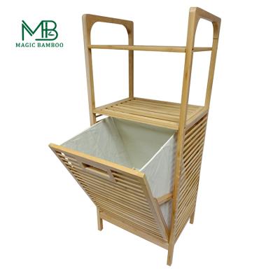 China Sustainable Space Saving Removable Slat Frame Bamboo Laundry Basket Storage With Shelf for sale