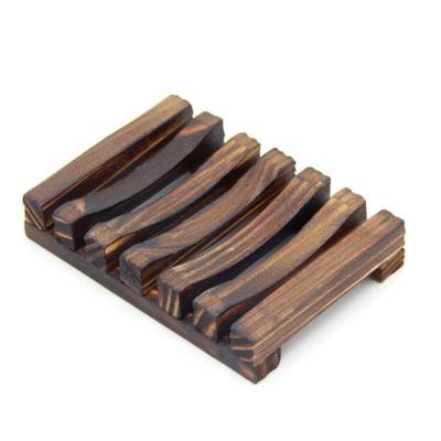 China Eco-friendly Carbonization Wood Soap Dish Brown Soap Ladder Rack Natural Wood Soap Holder for sale