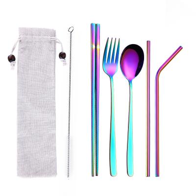 China Wholesale Straw Spoon And Fork Stainless Steel Set Viable Manufacturer Flatware Cutlery With Pocket Custom Logo for sale