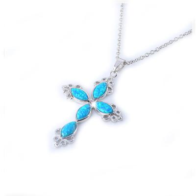 China Wholesale Religious Blue Opal Silver Cross Wholesale Christmas Direct Selling Christmas Pendant Necklace For Unisex for sale