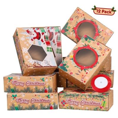 China Handmade Christmas Cookie Boxes Donut Gift Box Bakery Box With Clear Window, Santa Snowman Holiday Designs With Christmas Ribbons For Gift for sale