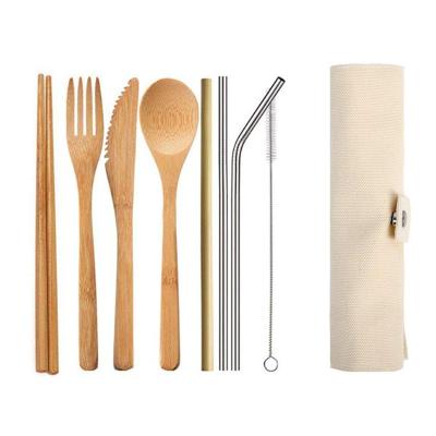 China Sustainable Cutlery Bamboo Tableware Sets Spoon Fork Knife Set Reusable Bamboo Cutlery Set With Cloth Bag for sale