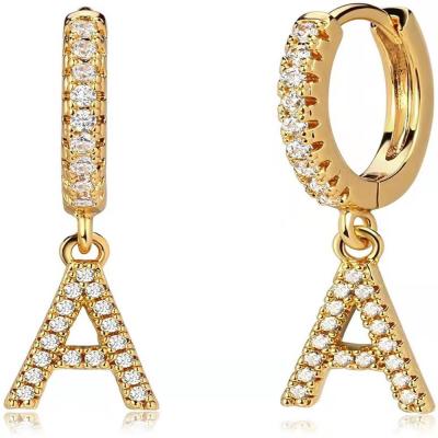 China Cute FJ 26 English Alphabet Letter Earrings Micro Inlaid Zircon Gold Plated Ornament Popular Eardrop Earring for sale