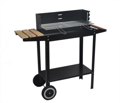 China Easily Assembled Portable BBQ Grill from SEJR Outdoor Black Trolley Barbecue with Wooden Side Table 85.2x 36x82.7cm for sale