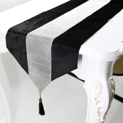 China European Luxury Disposable Velvet Rhinestone Embroidery Diamond Triangle Table Runner Flannel with Tassel for Wedding Party Decor for sale