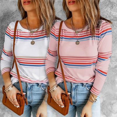 China Anti-pilling 2021 New Latest Design Stylish Pullovers Stripe Print Crew Neck Long Sleeve Tops For Ladies for sale