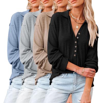 China Wholesale Anti-pilling Women's Pullover Button Down Ribbed Long Sleeve Tops Knit Woman Plain Shirt for sale