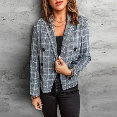 China 2022 New Anti-wrinkle office sleeve coat ladies women formal blazer suit long button up lapel collar plaid slim fit tweed female blazers for sale