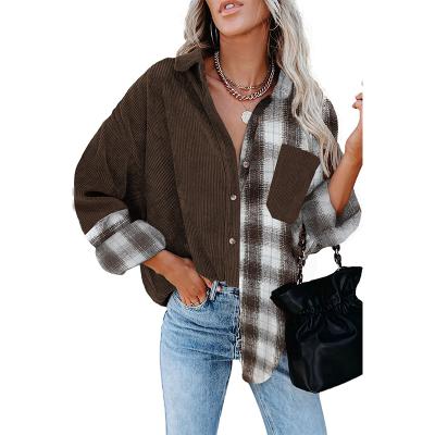 China Anti-wrinkle 2022 Women's valentines day fashion plaid color block button-down corduroy oversized shirt jacket Outwear coat for sale