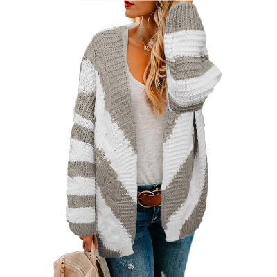 China 2021 Autumn Anti-Shrink Winter Knitted Color Block Khaki Front Women Winter Open Cardigan for sale