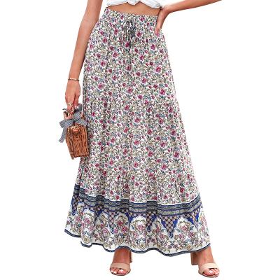 China Wholesale Breathable Women Skirts Boho Floral Printed Elastic High Waist Pleated Maxi Skirt for sale