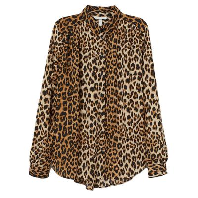 China Anti Pilling Anti Pilling Women Leopard Patterns Chiffon Blouse Button Up Long Sleeves Curved Edge Shirts for sale