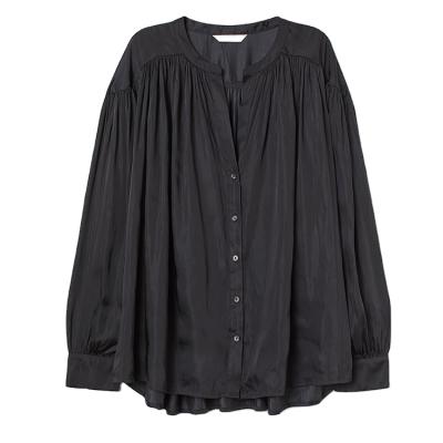 China Anti Pilling Anti Pilling Good Reputation Supplier Tangerine Neck Button Up Black Oversized Pleats Blouses And Womens Satin Shirts Tops For Women for sale