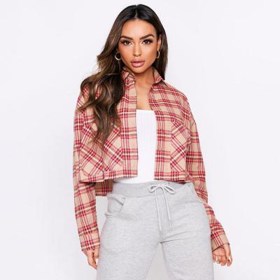 China Anti-Pilling Anti-Pilling Collar Checked Shirts Cropped Shirt Oversized Long Sleeve Beautiful Button Up Turn-Down Blouses And Tops For Women for sale