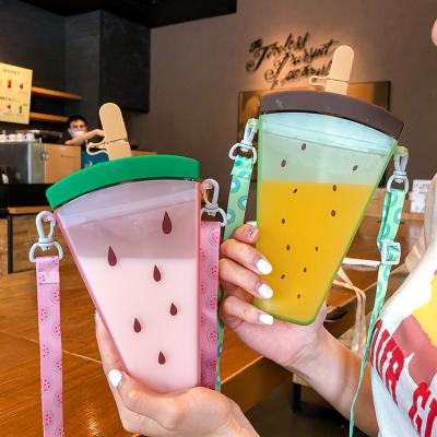 China 2021 Summer Simple Cute Kids Silica Gel Watermelon Cup Viable Straw Cold Drink Water Bottle Plastic Strap With Lid And Straw for sale