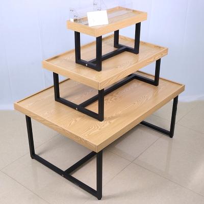 China Newest Sale Double Sided Three Layers Display Stand Supermarket Promotion Display Wooden Tables Rack for sale