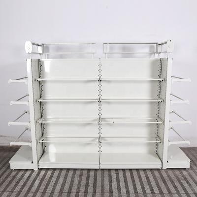 China Manufacturer Double 5 Layers Backboard Supermarket Store Shop Display Iron Metal Shelf Light Duty Flat Shelving Rack Double Sided for sale