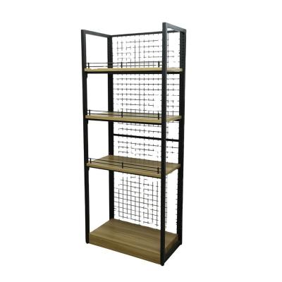 China Single Side Fashion Metal Mesh Back Panel Top Rack Equipment Single Side Wood Shelves For Retail Store for sale