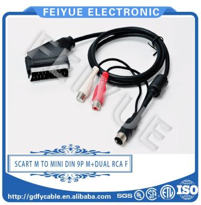 China High quality DVD player Europe audio&video 21P scart cable male to mini din 9Pin male with 2xRCA output for DVD XBOX for sale