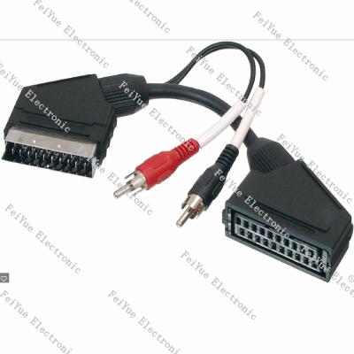 China DVD player Europe audio&video 21P scart extension cable lead male to female with 2xRCA output (VCR/DVD/TV) for sale