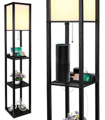 China Modern Floor Lamp With Shelves Modern Floor Lamp With Wooden USB Port And AC Outlet Display Storage Standing Light for sale