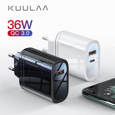 China Fanshion KUULAA 36W Dual Outlet QC3.0 Palladium Travel Wall Charger Carregador Portatil Adapter EU UK US Plug Fast Dual Usb Wall Charger for sale