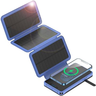 China Solar Power Solar Charging Bank With 3 Solar Panels Qi Charger LED Flashlight Waterproof IP66 IP66 Wireless Waterproof External Battery Pack for sale