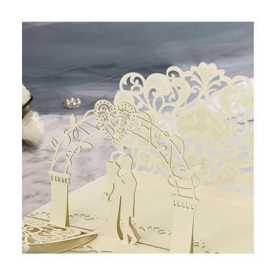 China Luxury Europe Laser Cut Gold Paper Newlyweds Designs 3d Pop Up Wedding Invitation Cards for sale