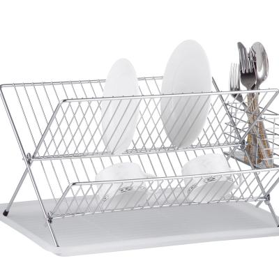 China Durable 2 Layer Metal Chrome Plated Kitchen Foldable Dish Drying Rack for sale