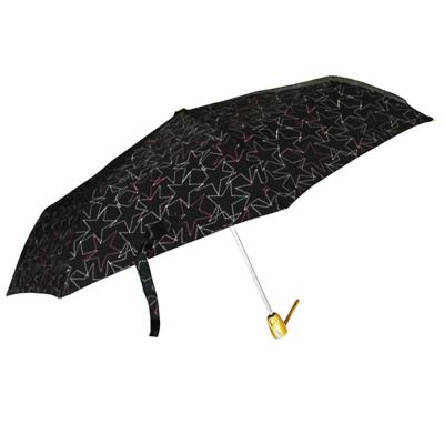 China 21inch Traditional And Narrow Automatic Three Fold Full Star Printed Polyester Rain Umbrella With Gold Handle for sale