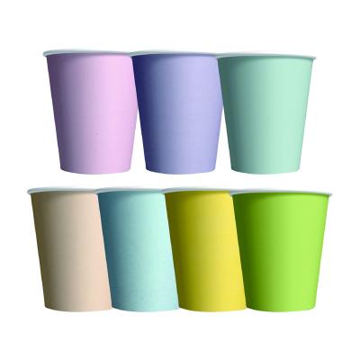 China Solid Color Hot Private Label Water Colored Paper Cups 9oz Cool Pink Purple Yellow Blue Disposable Paper Cups Eco Friendly for sale