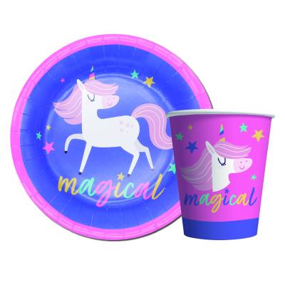 China For Kids Party Decor Higher Quality Disposable Paper Plates And Cups Set Unicorn Paper Tableware Sets For Kids for sale