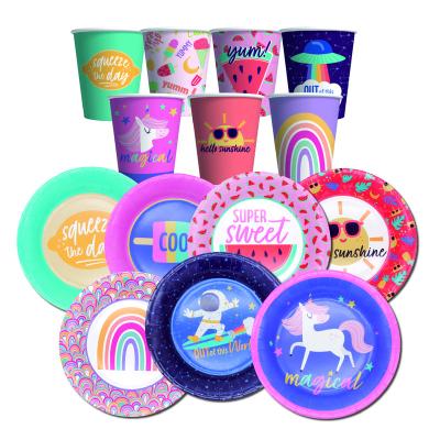 China For Kids Household Decor Kids Party Series Hot Selling Disposable Paper Cups And Plates Classic Paper Tableware Sets for sale