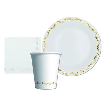 China Hot Selling Gold Stamping Set Amazon White and Gold Paper Plates Cups and Napkins Party Supplies Gold Stamping Tableware for sale