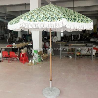 China Wooden beach umbrella 2M beach/yard/outdoor full floralr print umbrella with tassels fringe for sale