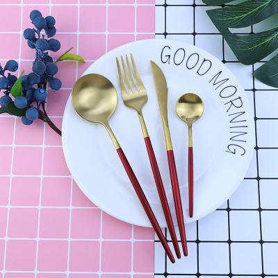 China Food Grade 304 Gold Viable Red Spoon Fork Portuguese Cutlery Set for sale