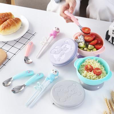 China 3 PCs Cartoon Viable Children's Tableware With Bowl 304 Stainless Steel Cute Baby Spoon Cutlery Spoon ABS Chopsticks for sale