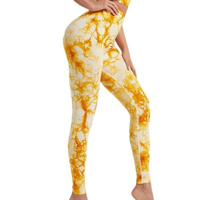 China 2021 New Arrivals Anti-static Yellow Tie Dye Leggings Workout Seamless Yellow Printed Yoga Pants for sale