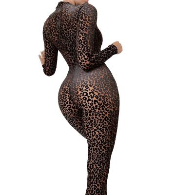 China Wholesale Women Viable 2021 Fall Outfits Long Sleeve Dots Bodycon Jumpsuits Brown Leopard Black Turtleneck Zipper Overalls Rompers for sale