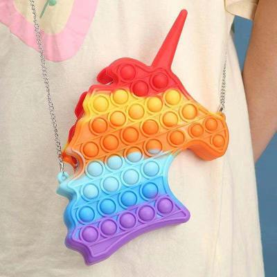 China Fashion Unicorn Mini Bubble Bag Push Tote Handbag Children Pop It Bag Silicone Chain Coin Purse for sale