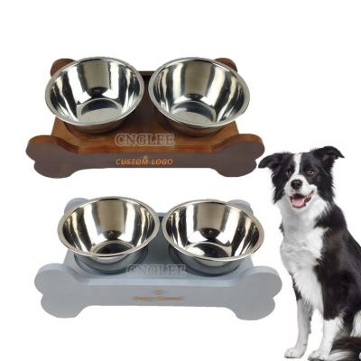 China High Quality Customized Viable Solid Wooden Bowl Holder Cute Pet Double Bowl Holder for sale