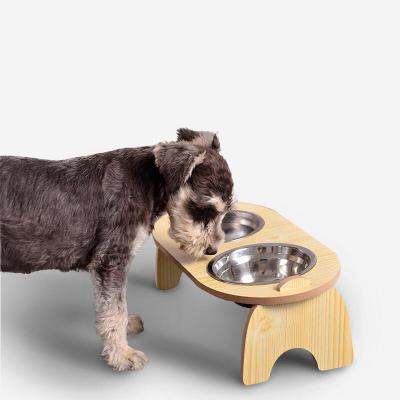 China Double Bowl 15 Degree Cervical Dog Bowl Wooden Cat Bowl Stand Sustainable Pet for sale