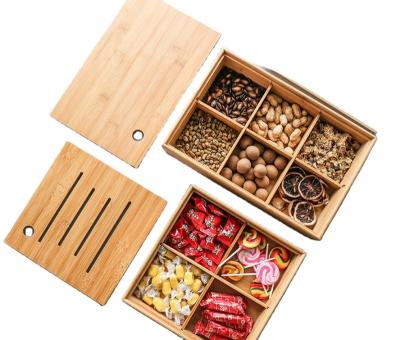 China Storage 4/6 Grids Bamboo Snacks Nuts Foods Storage Box with Lid for Dried Fruit Snacks for sale