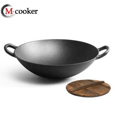 China Sustainable Hot Selling Vegetable Coated Cast Iron Wok With Wood/Glass Lid for sale