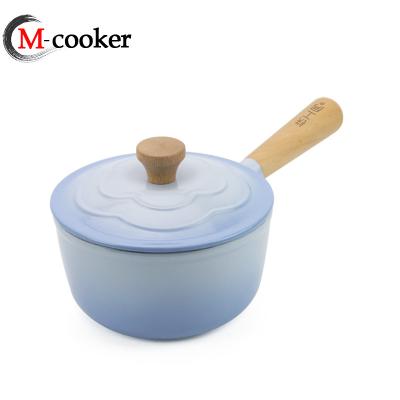 China Sustainable Cast Iron Enamel Milk Pot With Wooden Handle Lovely Cute Pot Chocolate Maker for sale